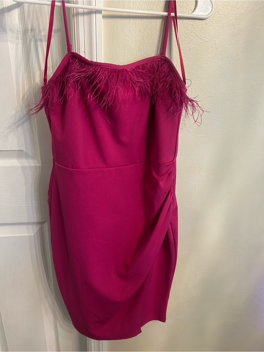 Fuchsia Feather-Trim Spaghetti Strap Mini Dress